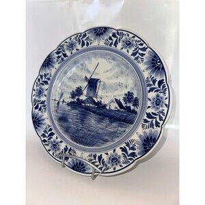 Delft Blauw Plate 33cm Scalloped Windmill Boat Seaside Landscape Netherlands
